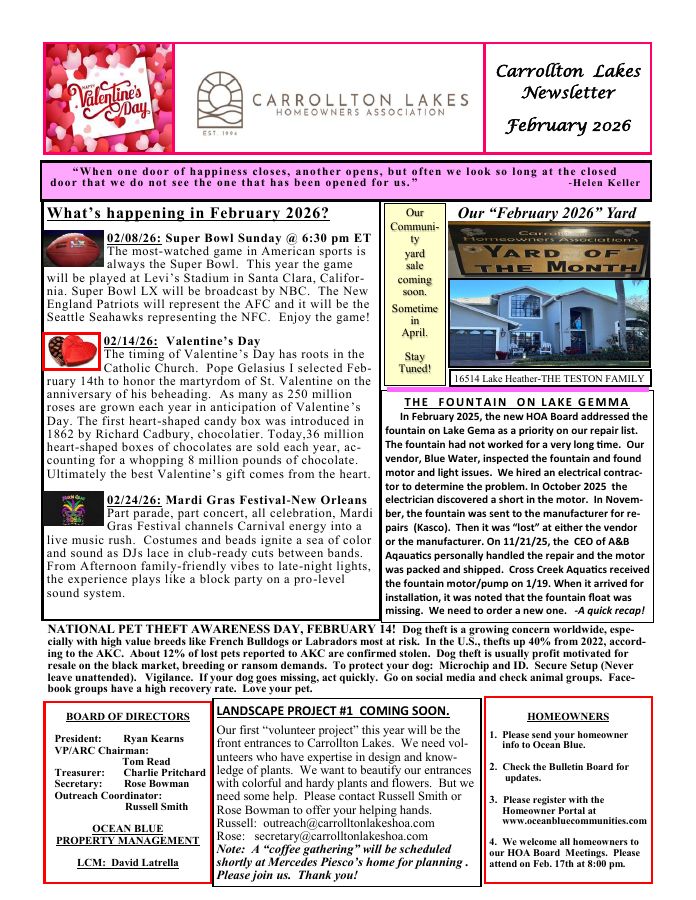 First page of the February 2026 Newsletter