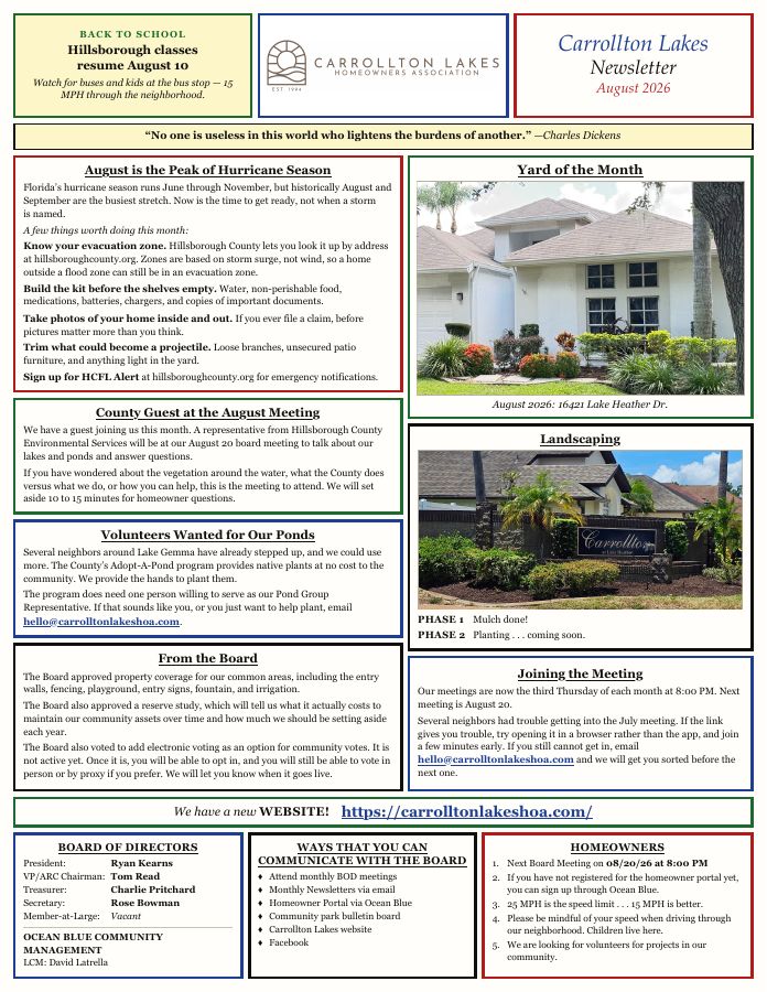 First page of the August 2026 Newsletter